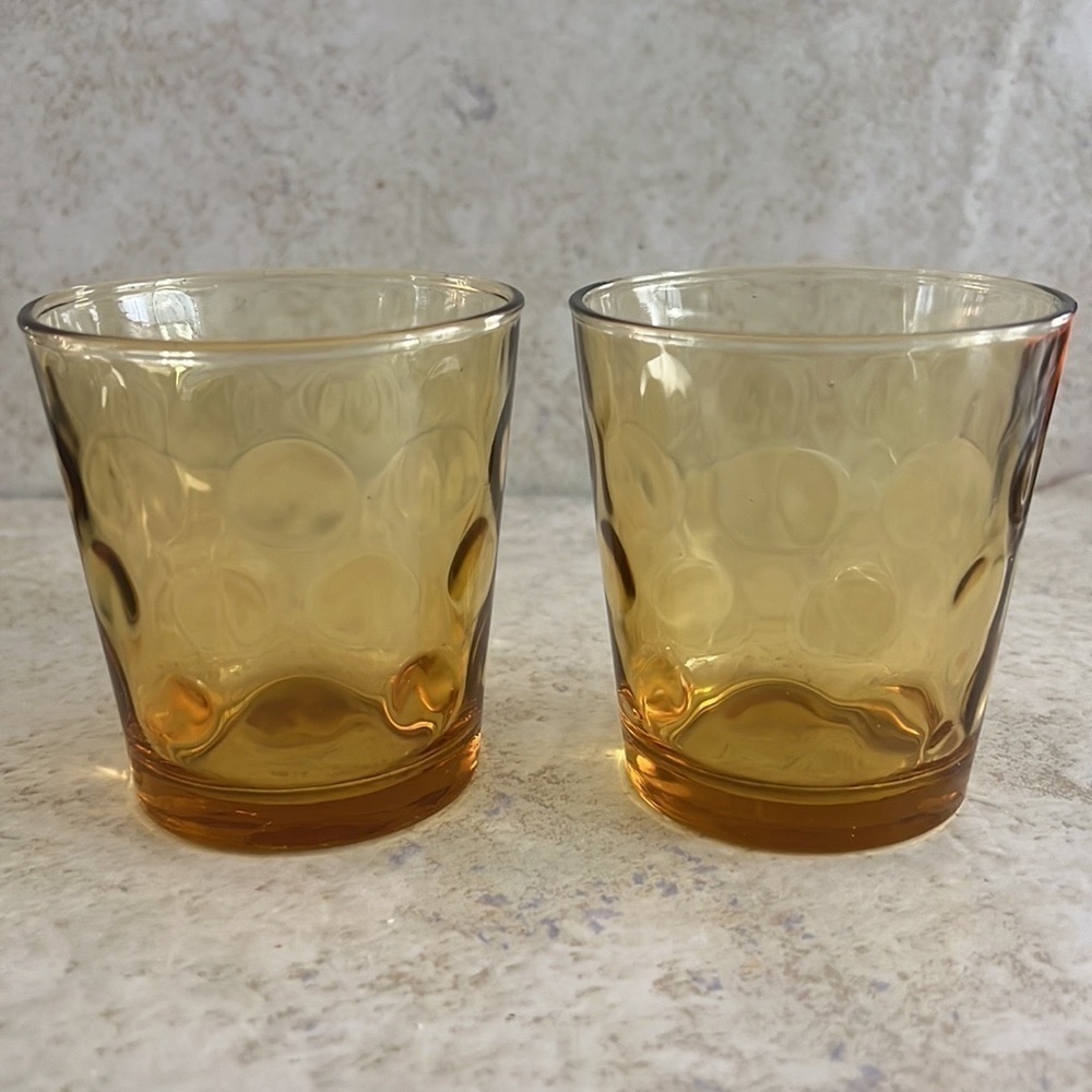 Hazel Atlas Optic Dot Amber Lowball Glasses Pair MCM